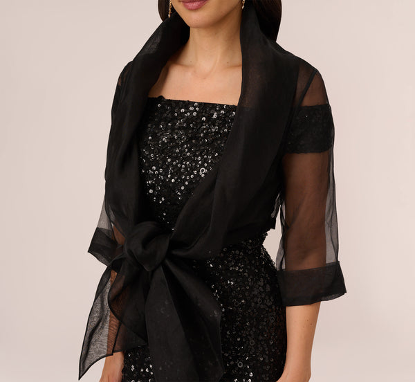 Adrianna Papell Organza Wrap Jacket With Short Sleeves In Black