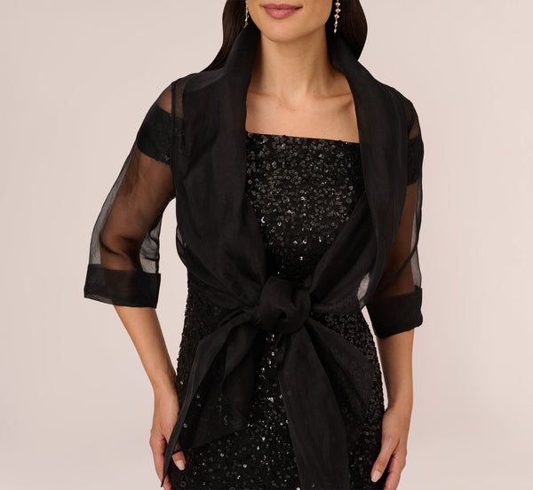 Adrianna Papell Organza Wrap Jacket With Short Sleeves In Black