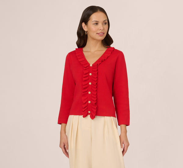Adrianna Papell Pearl Button Ruffle Pullover In Red Lava