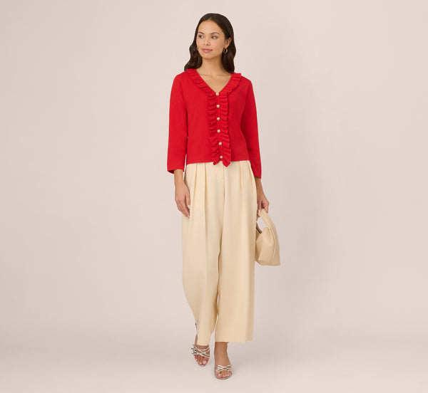 adrianna papell Pearl Button Ruffle Pullover In Red Lava adrianna papell Pearl Button Ruffle Pullover In Red Lava