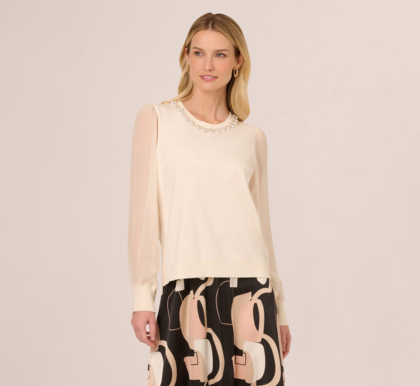Adrianna Papell Pearl Trim Chiffon Sleeves Pullover Sweater In Winter White