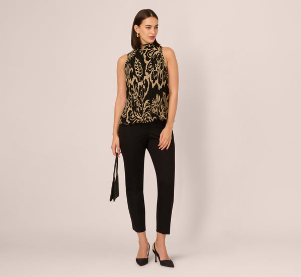 Adrianna Papell Pleated Floral Halter Top In Black Ornate Floral