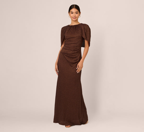 Adrianna Papell Pleated Metallic Cape Gown In Bronze