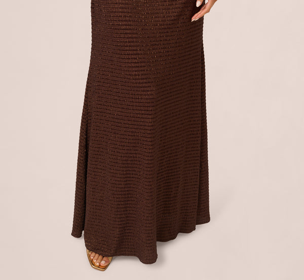 Adrianna Papell Pleated Metallic Cape Gown In Bronze