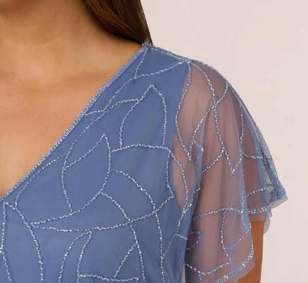 Adrianna Papell Plus Size Beaded Blouson Mermaid Gown With Sheer Dolman Sleeves In French Blue