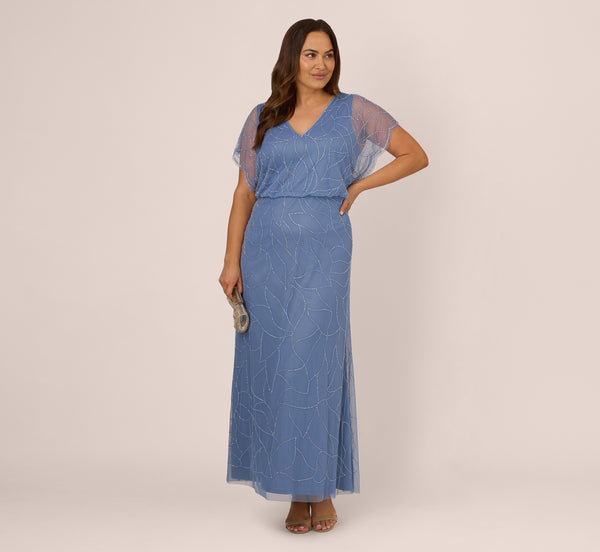 adrianna papell Plus Size Beaded Blouson Mermaid Gown With Sheer Dolman Sleeves In French Blue