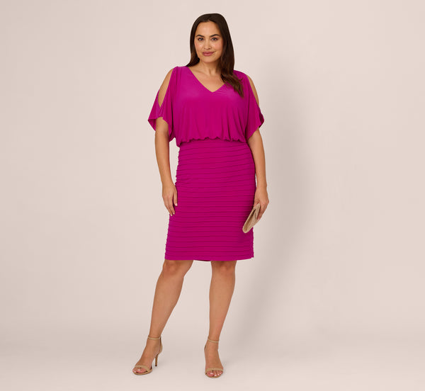 adrianna papell Plus Size Blouson Pintucked Dress With Cold Shoulder Sleeves In Hot Magenta
