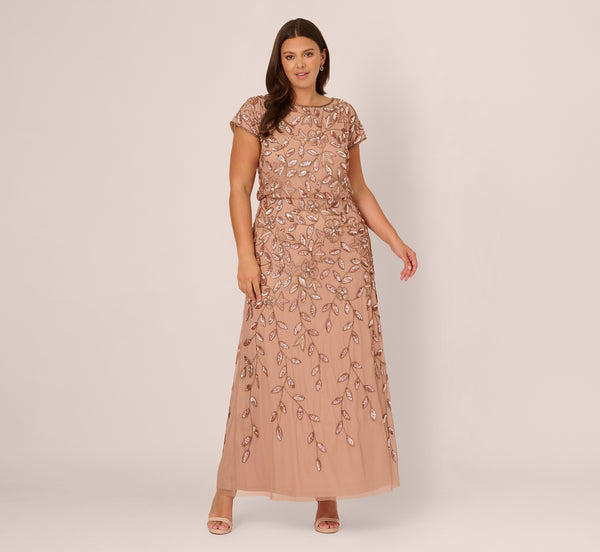 Adrianna Papell Plus Size Blouson Short Sleeve Beaded Long Dress In Rose Gold