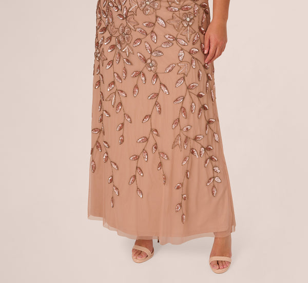 Adrianna Papell Plus Size Blouson Short Sleeve Beaded Long Dress In Rose Gold