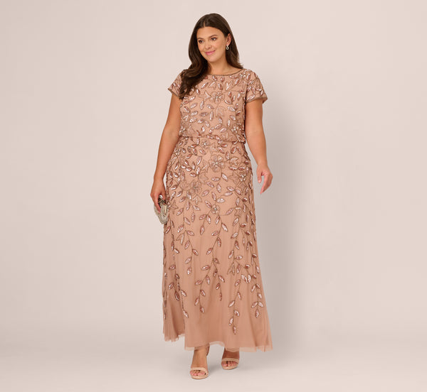 adrianna papell Plus Size Blouson Short Sleeve Beaded Long Dress In Rose Gold