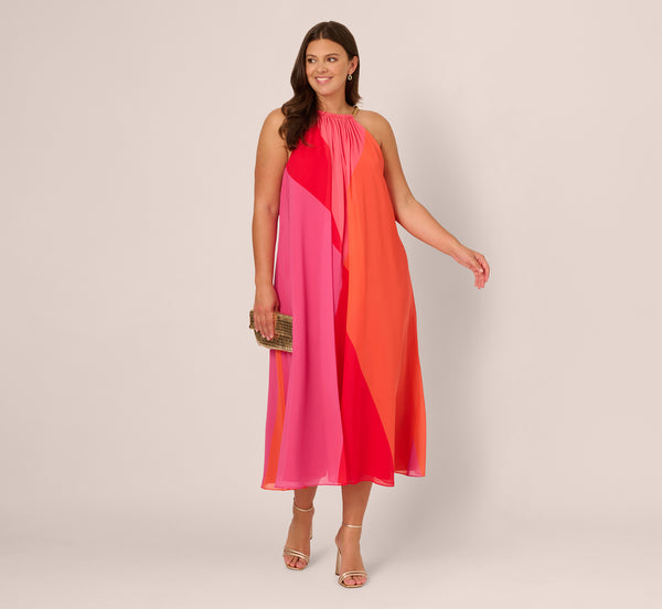 adrianna papell Plus Size Color Block Chiffon Trapeze Dress With Chain Halter Neckline In Red Multi