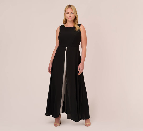 Adrianna Papell Plus Size Colorblock Jumpsuit With Skirt Overlay In Black Ivory