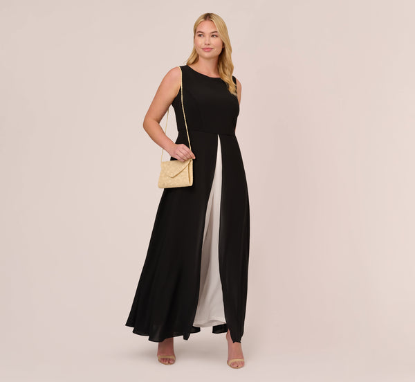 adrianna papell Plus Size Colorblock Jumpsuit With Skirt Overlay In Black Ivory