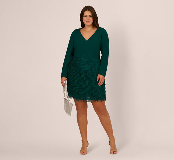 adrianna papell Plus Size Combo Fabric Fringe Mini Dress In Dark Ivy