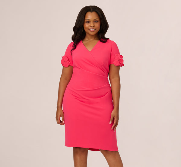 Adrianna Papell Plus Size Crepe Faux Wrap Sheath Dress With Floral Accent Short Sleeves In Petunia