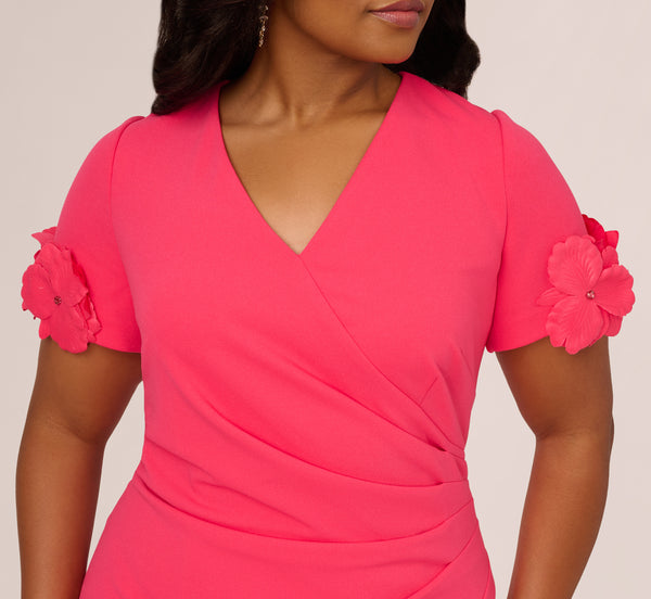 Adrianna Papell Plus Size Crepe Faux Wrap Sheath Dress With Floral Accent Short Sleeves In Petunia
