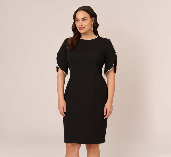 Adrianna Papell Plus Size Crepe Midi Length Sheath Dress With Pearly Trim In Black