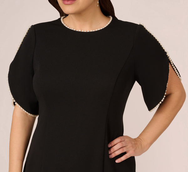 Adrianna Papell Plus Size Crepe Midi Length Sheath Dress With Pearly Trim In Black