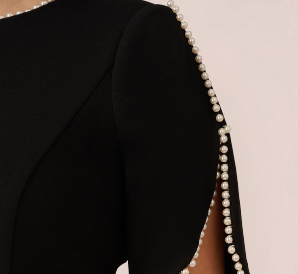 Adrianna Papell Plus Size Crepe Midi Length Sheath Dress With Pearly Trim In Black