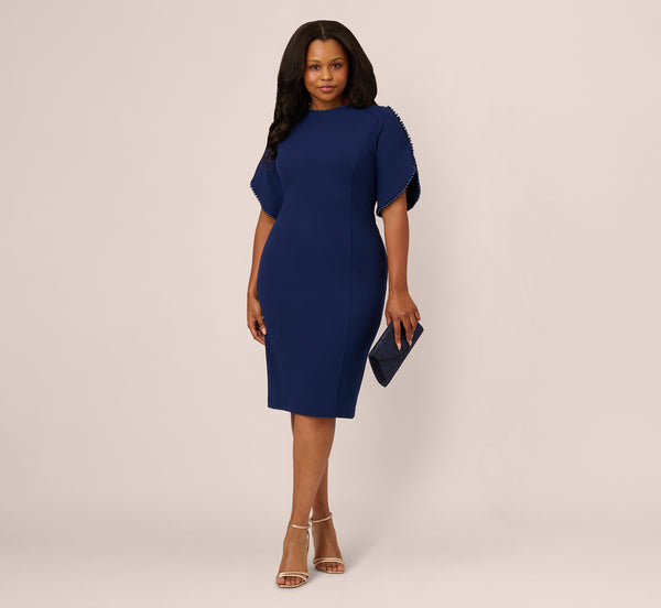 Adrianna Papell Plus Size Crepe Midi Length Sheath Dress With Pearl Trimmed Sleeves In Navy Sateen