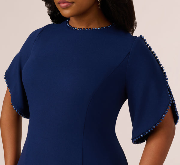 Adrianna Papell Plus Size Crepe Midi Length Sheath Dress With Pearl Trimmed Sleeves In Navy Sateen