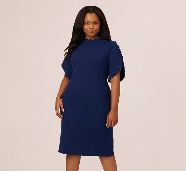 adrianna papell Plus Size Crepe Midi Length Sheath Dress With Pearl Trimmed Sleeves In Navy Sateen
