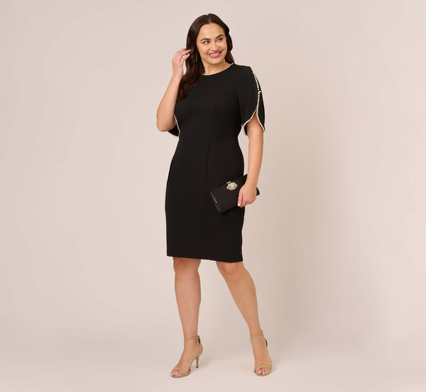 adrianna papell Plus Size Crepe Midi Length Sheath Dress With Pearly Trim In Black