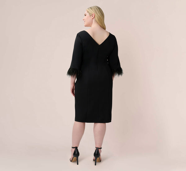 Adrianna Papell Plus Size Crepe Sheath Dress With V-Back And Feather-Trim Sleeves In Black