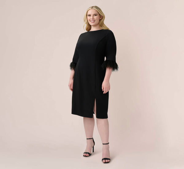 adrianna papell Plus Size Crepe Sheath Dress With V-Back And Feather-Trim Sleeves In Black