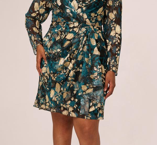 Adrianna Papell Plus Size Crinkle Foil Wrap Dress In Teal Sapphire Gold