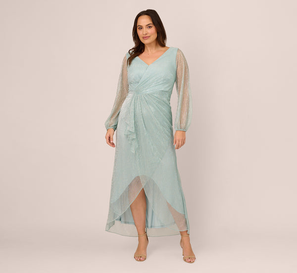 Adrianna Papell Plus Size Crinkle Metallic Gown With Sheer Bishop Sleeves And Draped Details In Mint Smoke