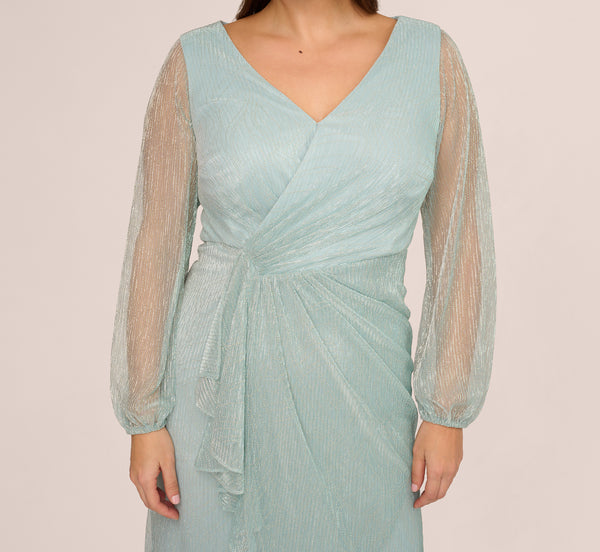 Adrianna Papell Plus Size Crinkle Metallic Gown With Sheer Bishop Sleeves And Draped Details In Mint Smoke