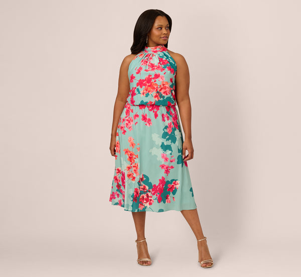 Adrianna Papell Plus Size Floral Chiffon Midi Halter Dress In Turquoise Multi