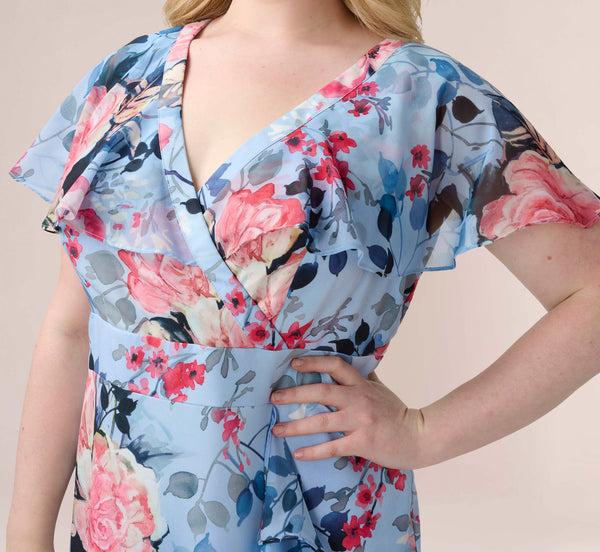 Adrianna Papell Plus Size Floral Faux Wrap Dress In Blue Multi