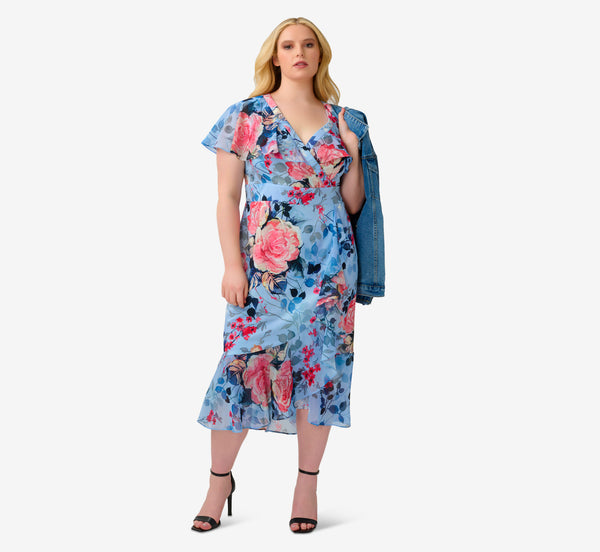 Adrianna Papell Plus Size Floral Faux Wrap Dress In Blue Multi