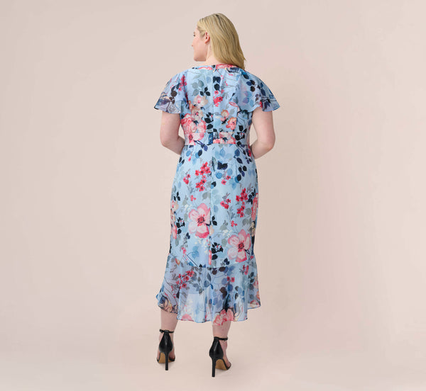 Adrianna Papell Plus Size Floral Faux Wrap Dress In Blue Multi