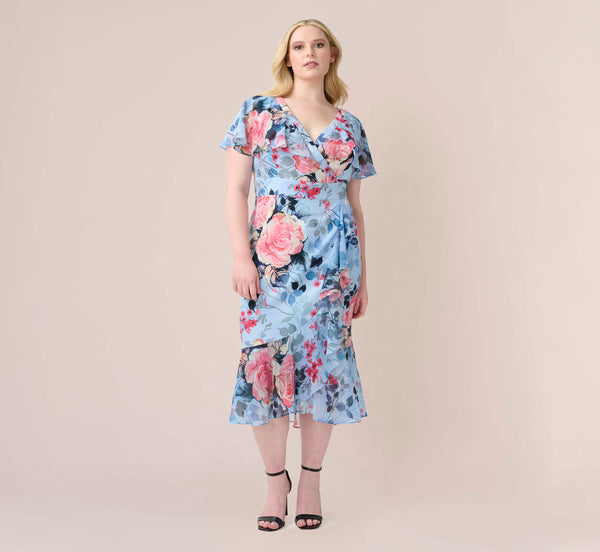 adrianna papell Plus Size Floral Faux Wrap Dress In Blue Multi