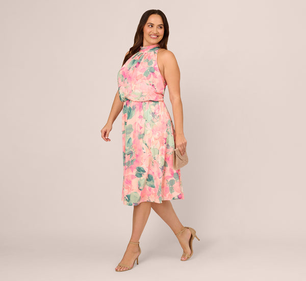 Adrianna Papell Plus Size Floral Print Chiffon Halter Dress With Mock Neck In Blush Multi