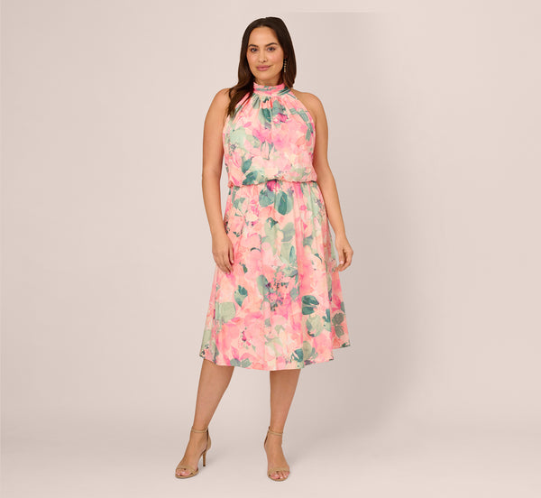 Adrianna Papell Plus Size Floral Print Chiffon Halter Dress With Mock Neck In Blush Multi
