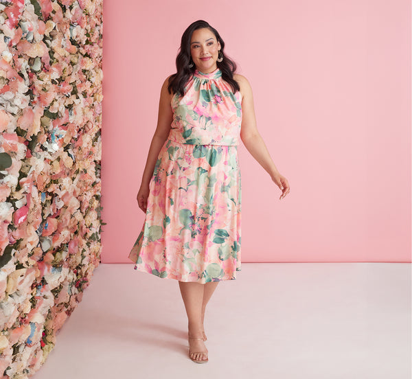 adrianna papell Plus Size Floral Print Chiffon Halter Dress With Mock Neck In Blush Multi