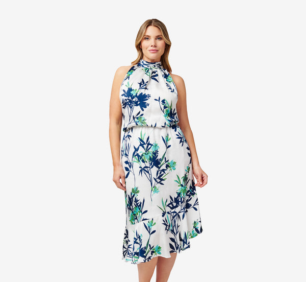Adrianna Papell Plus Size Floral-Print Crepe Midi-Length Blouson Halter Dress In Ivory Multi