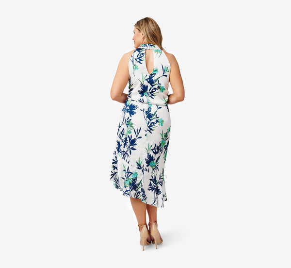 Adrianna Papell Plus Size Floral-Print Crepe Midi-Length Blouson Halter Dress In Ivory Multi