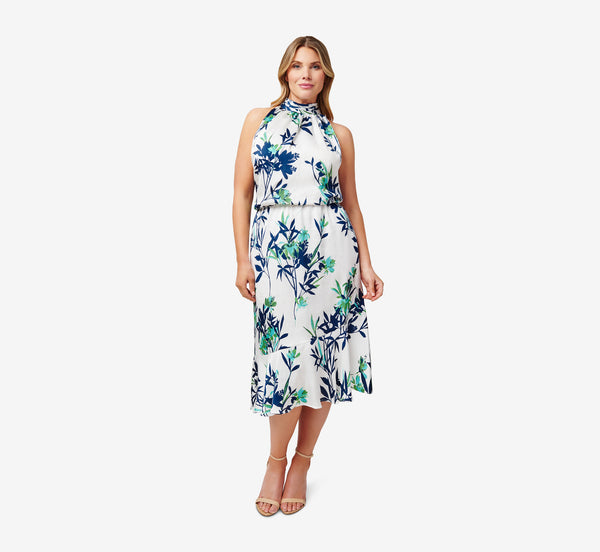 adrianna papell Plus Size Floral-Print Crepe Midi-Length Blouson Halter Dress In Ivory Multi