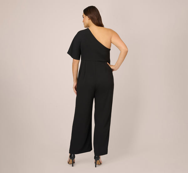 Adrianna Papell Plus Size Flutter One Shoulder Jumpsuit In Black