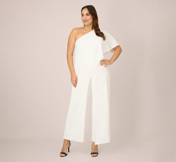 Adrianna Papell Plus Size Flutter One Shoulder Jumpsuit In Ivory