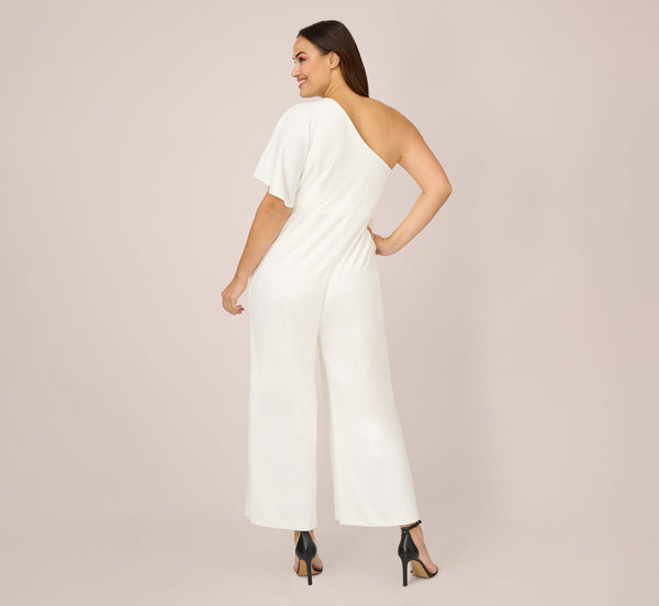 Adrianna Papell Plus Size Flutter One Shoulder Jumpsuit In Ivory