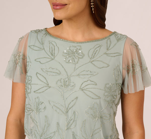 Adrianna Papell Plus Size Flutter Sleeve Floral Beaded Blouson Gown In Aqua Dust