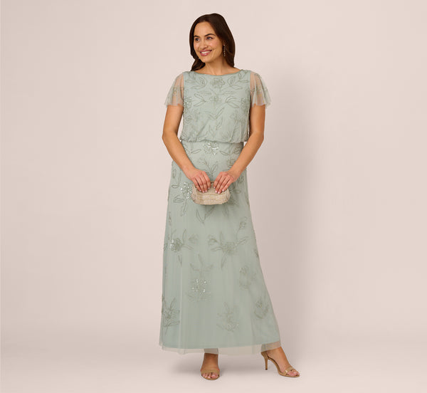 adrianna papell Plus Size Flutter Sleeve Floral Beaded Blouson Gown In Aqua Dust