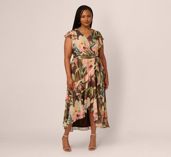 Adrianna Papell Plus Size Flutter Sleeve High Low Midi Wrap Dress In Brown Multi