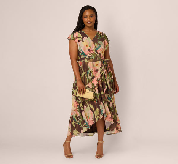 adrianna papell Plus Size Flutter Sleeve High Low Midi Wrap Dress In Brown Multi
